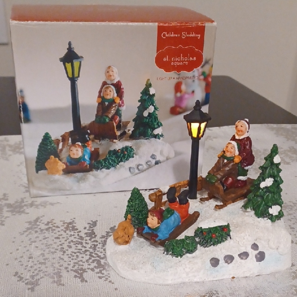 Children Sledding St. Nicholas Square Light Up Village Accessory Handpainted Dog